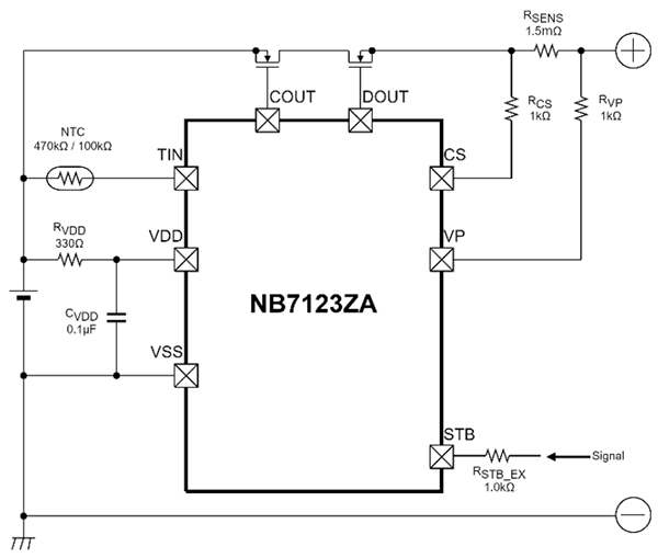 Application Circuit Diagram - Nisshinbo NB7123ZA 1-Cell Li-ion Battery Protection IC